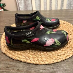Sloggers Women's Black Mules with Pink Floral Design size 6